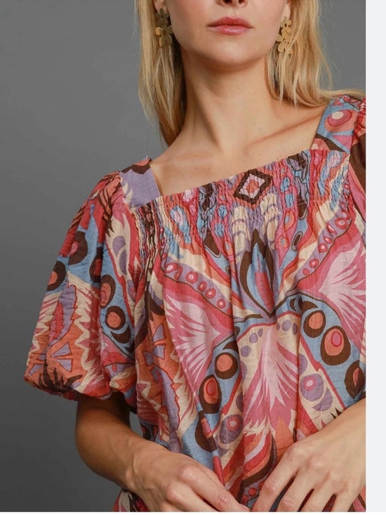 Umgee Tops - Umgee Boho Off Shoulder Blouse Medium Multicolor Abstract Floral Peasant Top